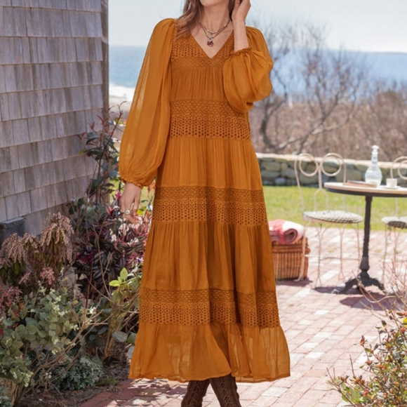 Sundance Adore Moi Dress Boho Lagenlook Maxi Mixed-Media Eyelet in Honey Size L - Picture 1 of 8